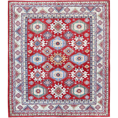 8'2"X9'8" Red Kazak With Geometric Medallions Design Wool Hand Knotted Rug