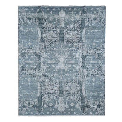 7'10"X10' Cloud Gray Wool And Pure Silk Jewellery Design Hand Knotted Rug