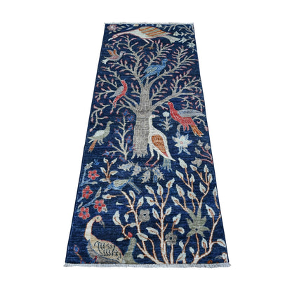 2'4"X5'10" Yale Blue Birds Paradise Hand Knotted Wool Runner Oriental Rug