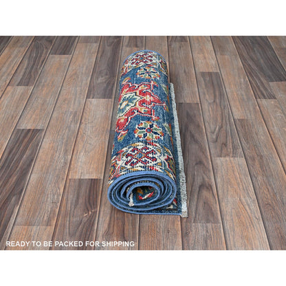 2'X5'9" Blue Kazak With Tribal Design Hand Knotted Soft Wool Runner Rug