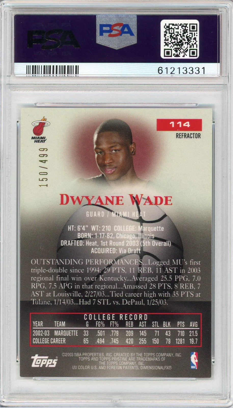 Dwyane Wade 2003 Topps Pristine Refractor Card (Psa Nm-Mt 8)