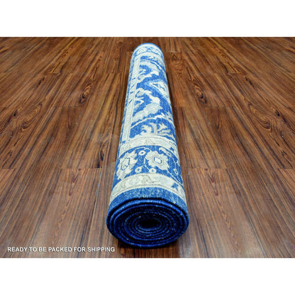 4'X11'8" Navy Blue Fine Peshawar Soft Wool Hand Knotted Wide Runner Rug