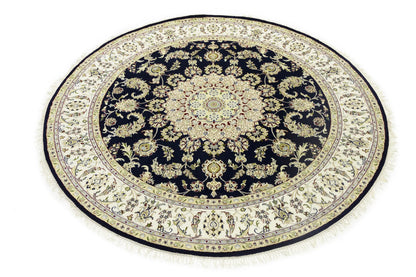 7X7 Ft Round Indo-Nain Oriental Rug Handmade Dark