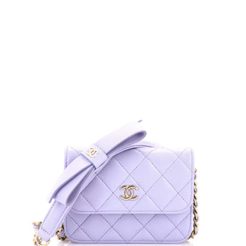 Chanel Bow Strap Card Holder On Chain Quilted Lambskin