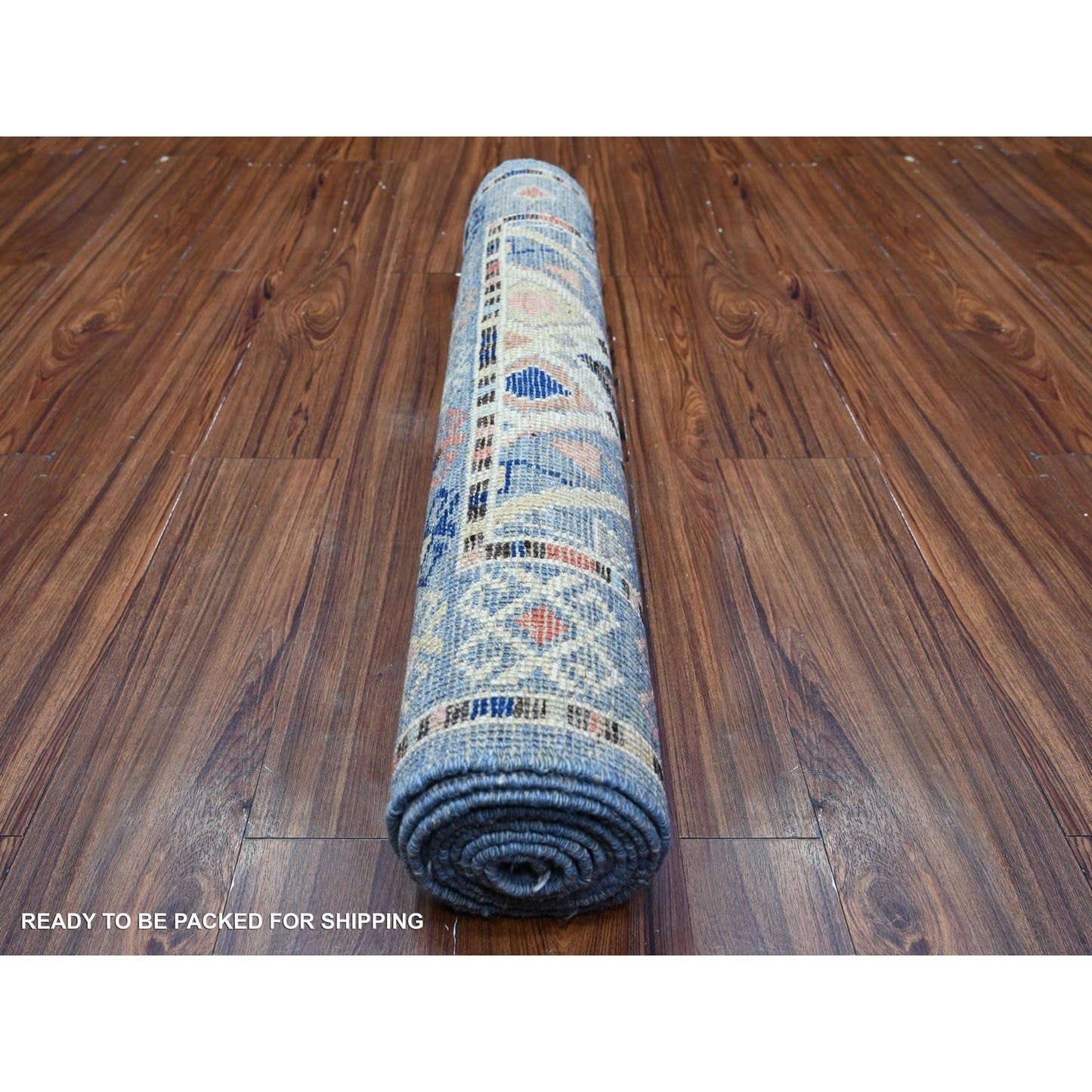 3'2"X10'1" Arctic Blue Hand Knotted Village Inspired Shiny Wool Rug