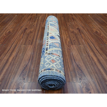 3'2"X10'1" Arctic Blue Hand Knotted Village Inspired Shiny Wool Rug