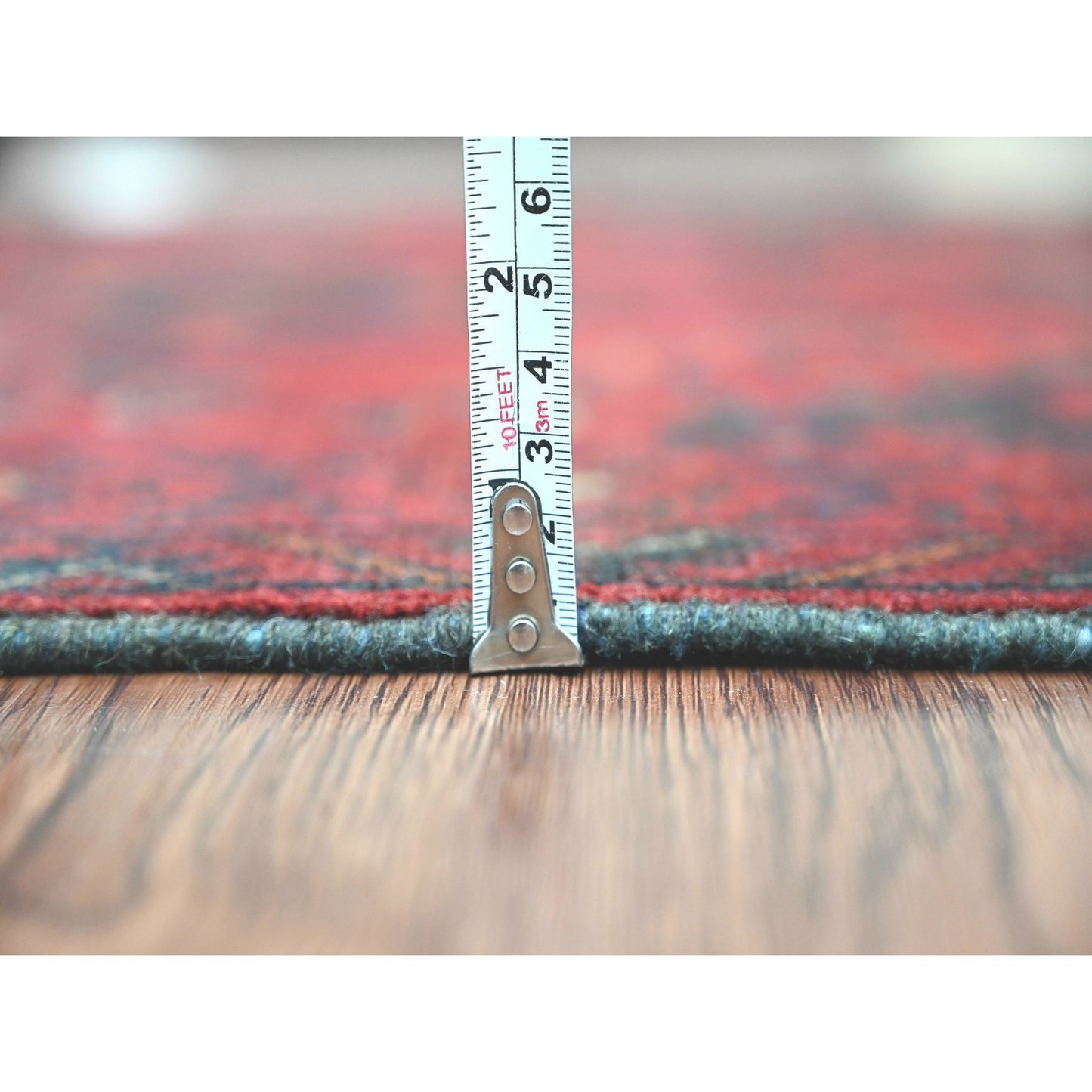 2'7"X6'3" Red All Wool Andkhoy Geometric Pattern, Hand Knotted Runner Rug