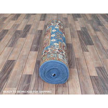 3'X24'5" Blue Pure Wool Hand Knotted Afghan Super Kazak Xl Runner Rug