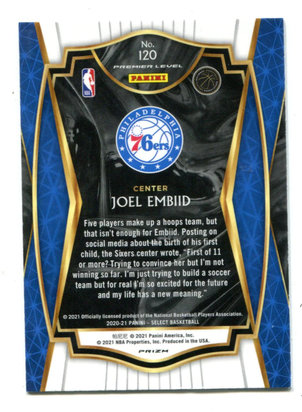Joel Embiid 2021 Panini Select #120 Zebra Premier Level Card