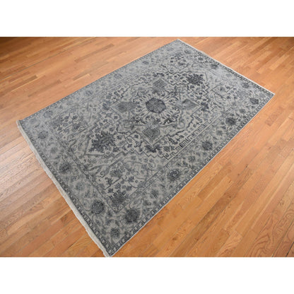 Rug 6'x9'2" Stone Gray Heris Design Wool and Silk Hi-lo Pile Hand Knotted