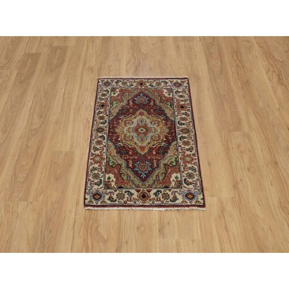2'X3' Red Antiqued Fine Heris Hand Knotted New Zealand Wool Mat Small Rug