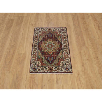 2'X3' Red Antiqued Fine Heris Hand Knotted New Zealand Wool Mat Small Rug