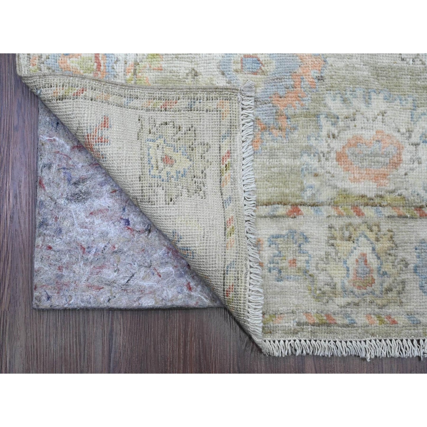 3'X19'10" Green Hand Knotted Angora Oushak Leaf Design Wool Runner Rug