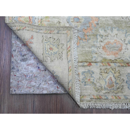 3'X19'10" Green Hand Knotted Angora Oushak Leaf Design Wool Runner Rug