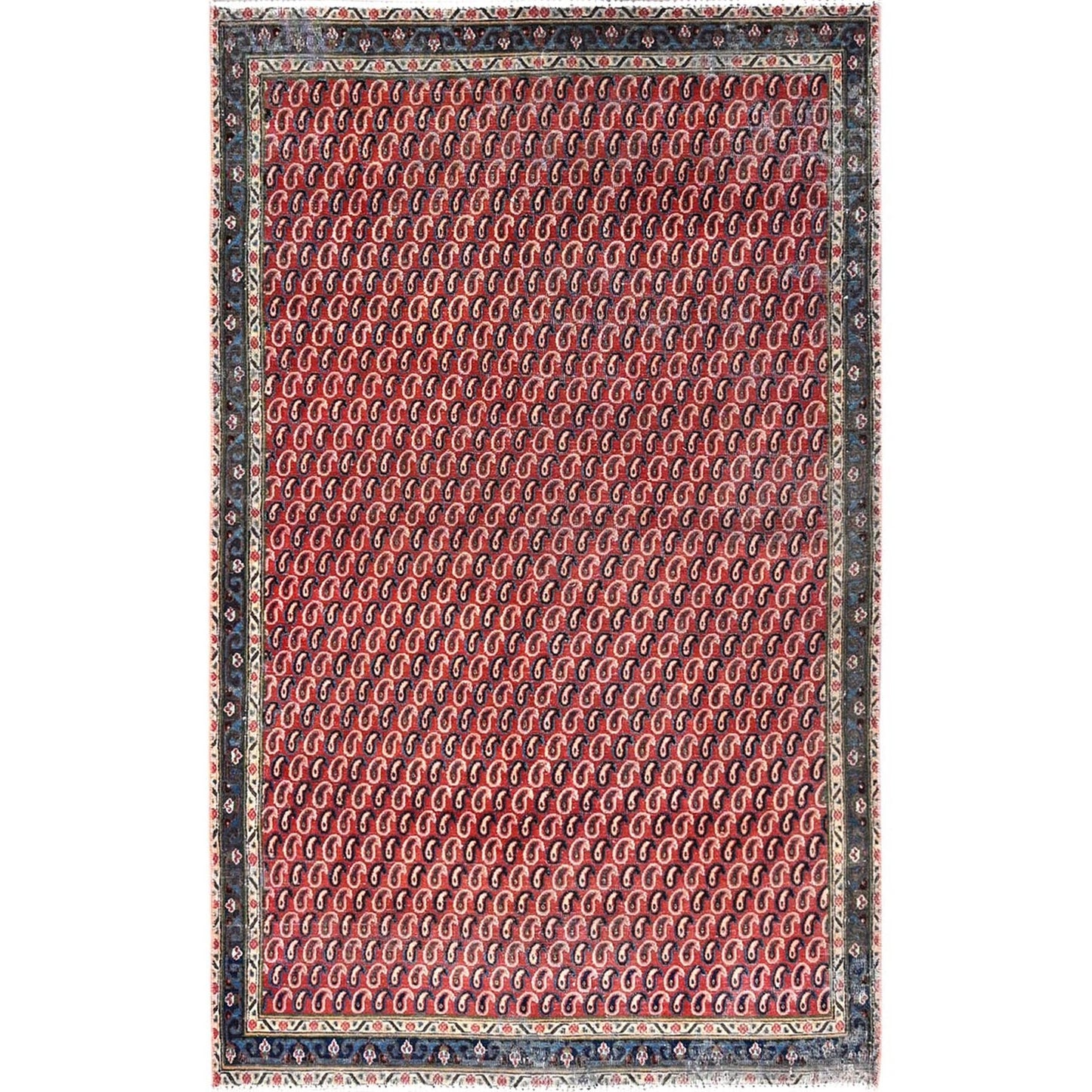 4'1"X6'7" Red Vintage Distressed Senneh Hand Knotted Wide Runner Rug