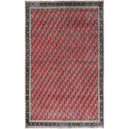 4'1"X6'7" Red Vintage Distressed Senneh Hand Knotted Wide Runner Rug