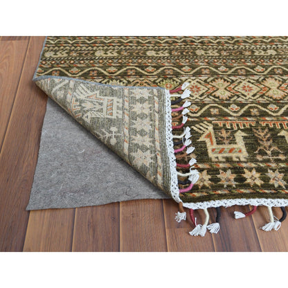 4'X5'9" Green Hand Knotted Super Kazak Khorjin Design Natural Wool Rug