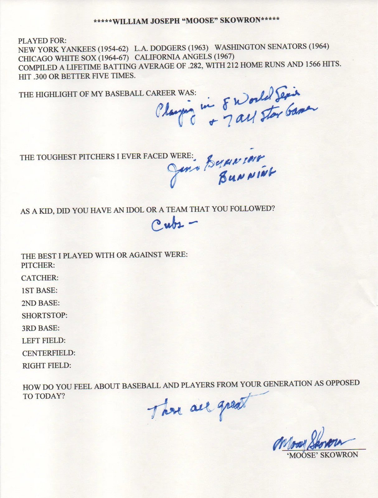 Moose Skowron Autographed Hand Filled Out Survey Page (Jsa)