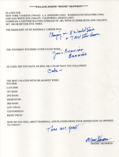Moose Skowron Autographed Hand Filled Out Survey Page (Jsa)