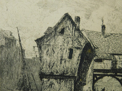 1866 Paul Huet "Old Houses at Honfleur Port" Original Etching Framed with Box