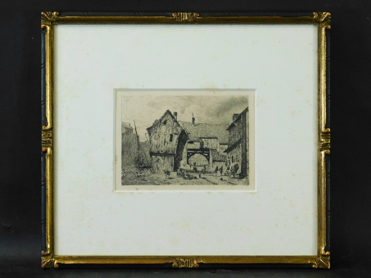1866 Paul Huet "Old Houses at Honfleur Port" Original Etching Framed with Box