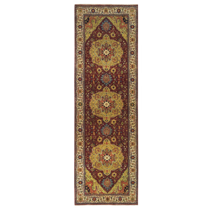 3'10"X12'1" Red Pure Wool Hand Knotted Heris Re-Creation Wide Runner Rug