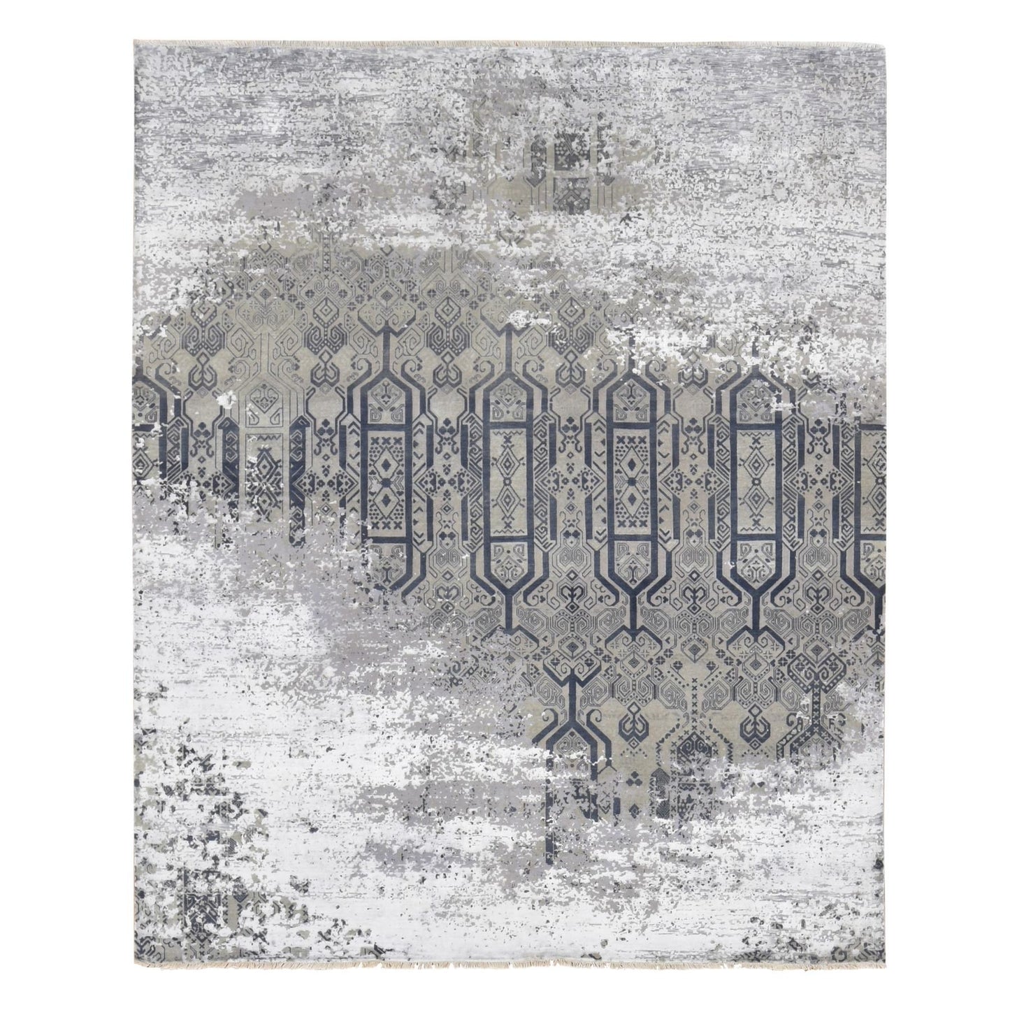 8'X9'10" Gray Broken And Erased Design Wool And Silk Hand Knotted Rug