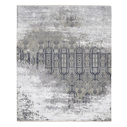 8'X9'10" Gray Broken And Erased Design Wool And Silk Hand Knotted Rug