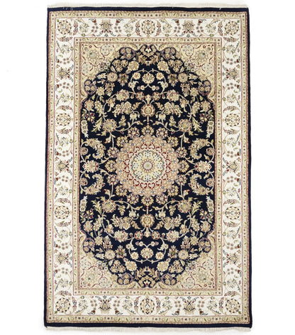 Indo-Nain Black Oriental Rug Floral Medallion