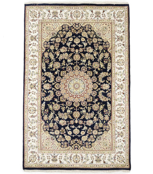 Indo-Nain Black Oriental Rug Floral Medallion