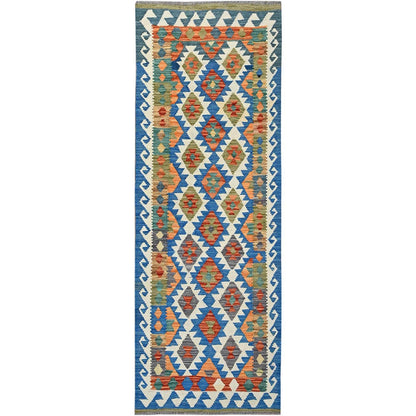 2'10"X8'3" Blue Flat Weave Geometric Afghan Kilim Pure Wool Runner Rug