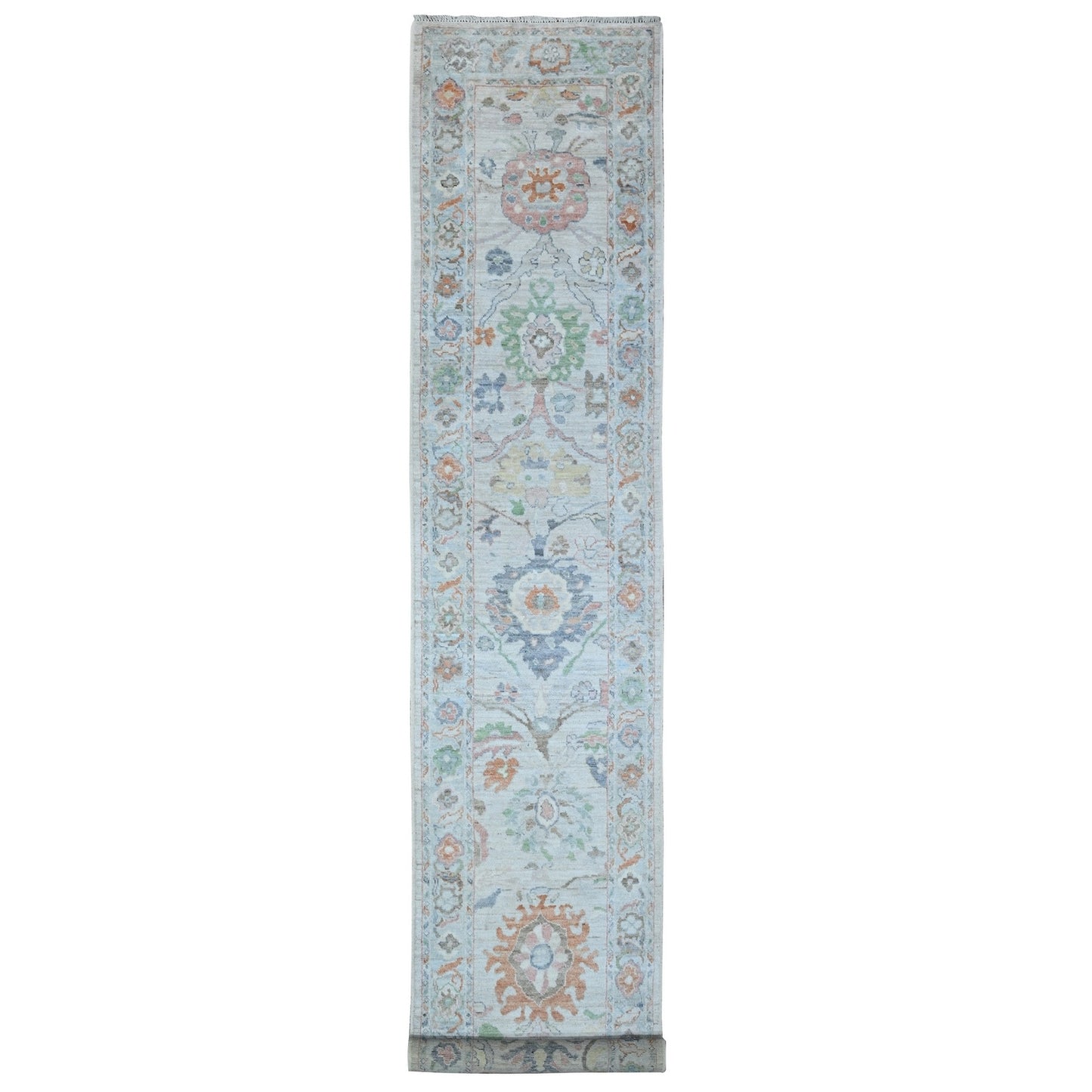 3'X16'4" Baby Blue Wool Weft Afghan Angora Oushak Xl Runner Oriental Rug