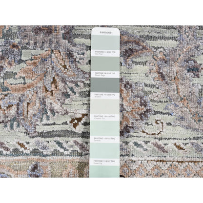 2'X3' Green Silk With Wool Mughal Design Hand Knotted Mat Rug