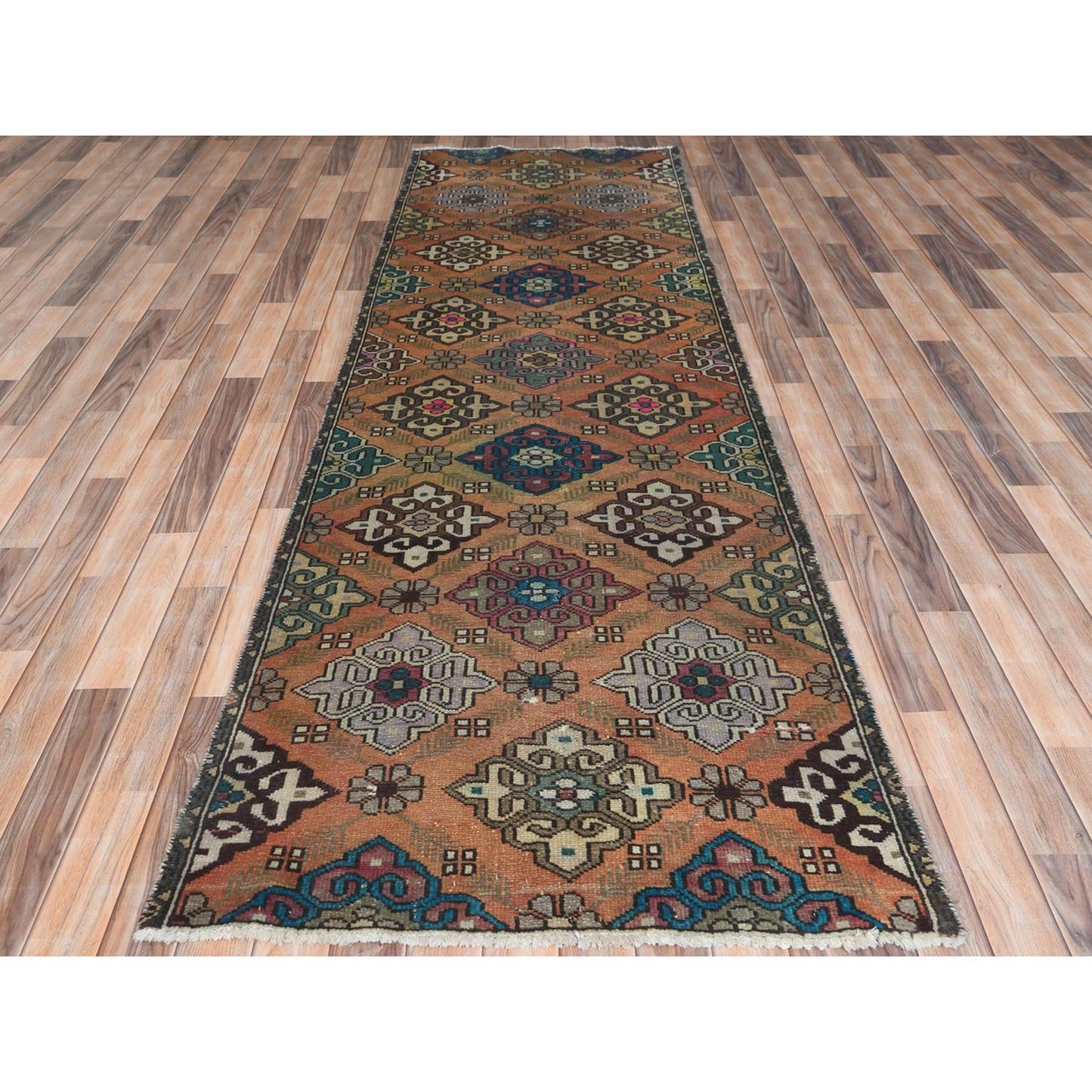 3'3"X10' Orange Worn Wool Hand Knotted Vintage Farsian Runner Rug