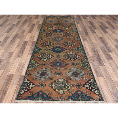 3'3"X10' Orange Worn Wool Hand Knotted Vintage Farsian Runner Rug