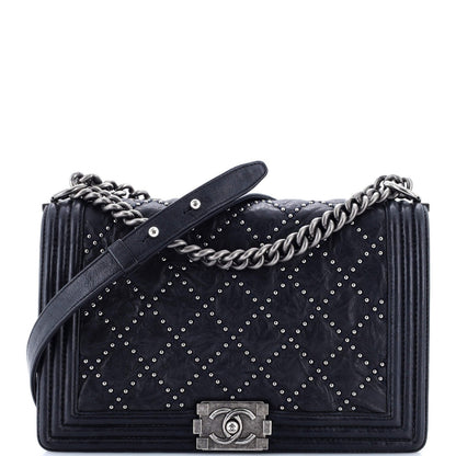 Chanel Boy Flap Bag Studded Quilted Distressed Calfskin Old Medium