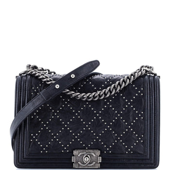 Chanel Boy Flap Bag Studded Quilted Distressed Calfskin Old Medium