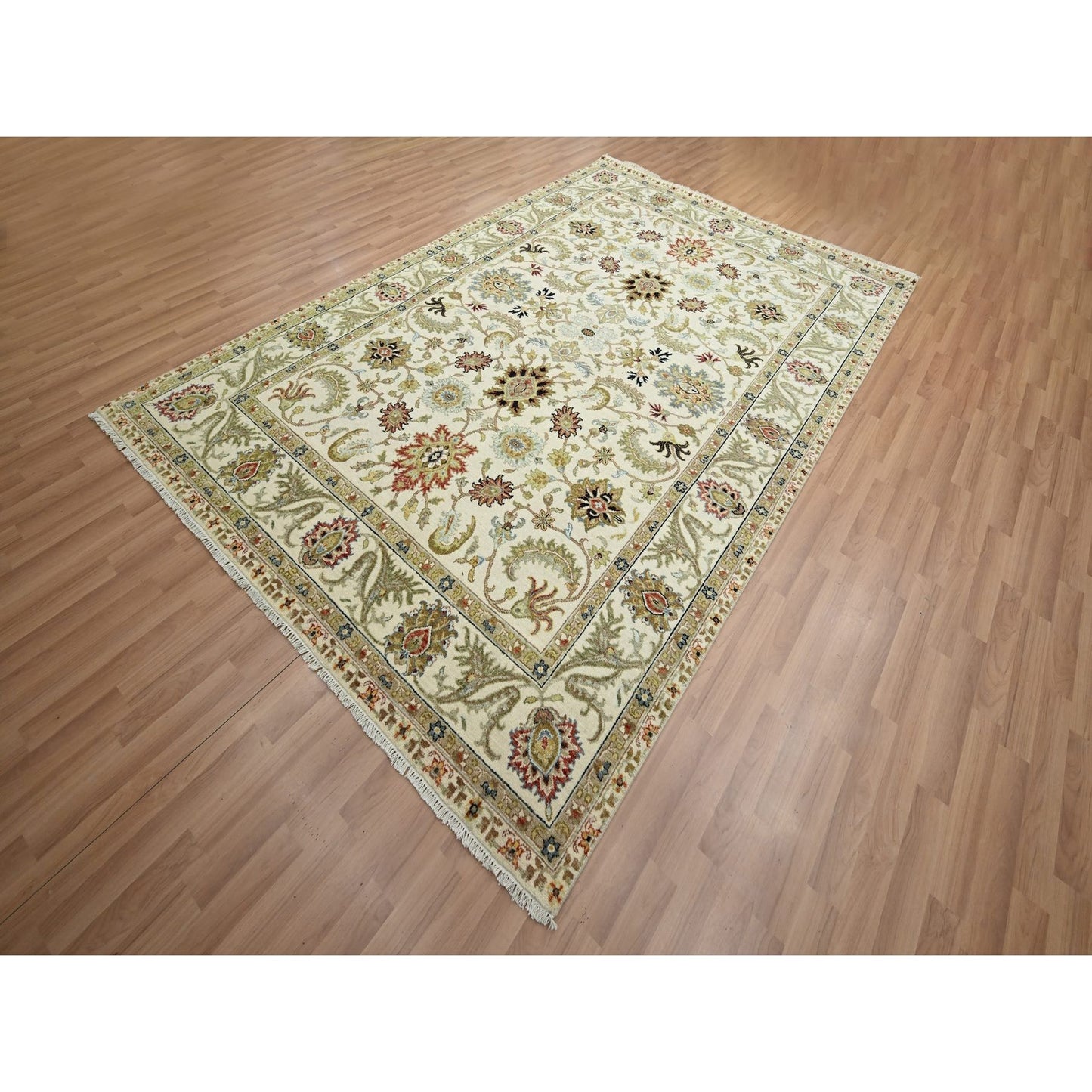6'1"x9'3" Ivory Ziegler Design Floral Motifs Pure Wool Hand Knotted Rug