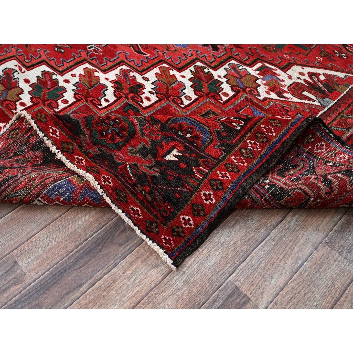 10'1"X12'7" Red Vintage Zoroastrian Heris Hand Knotted Wool Shaved Low Rug