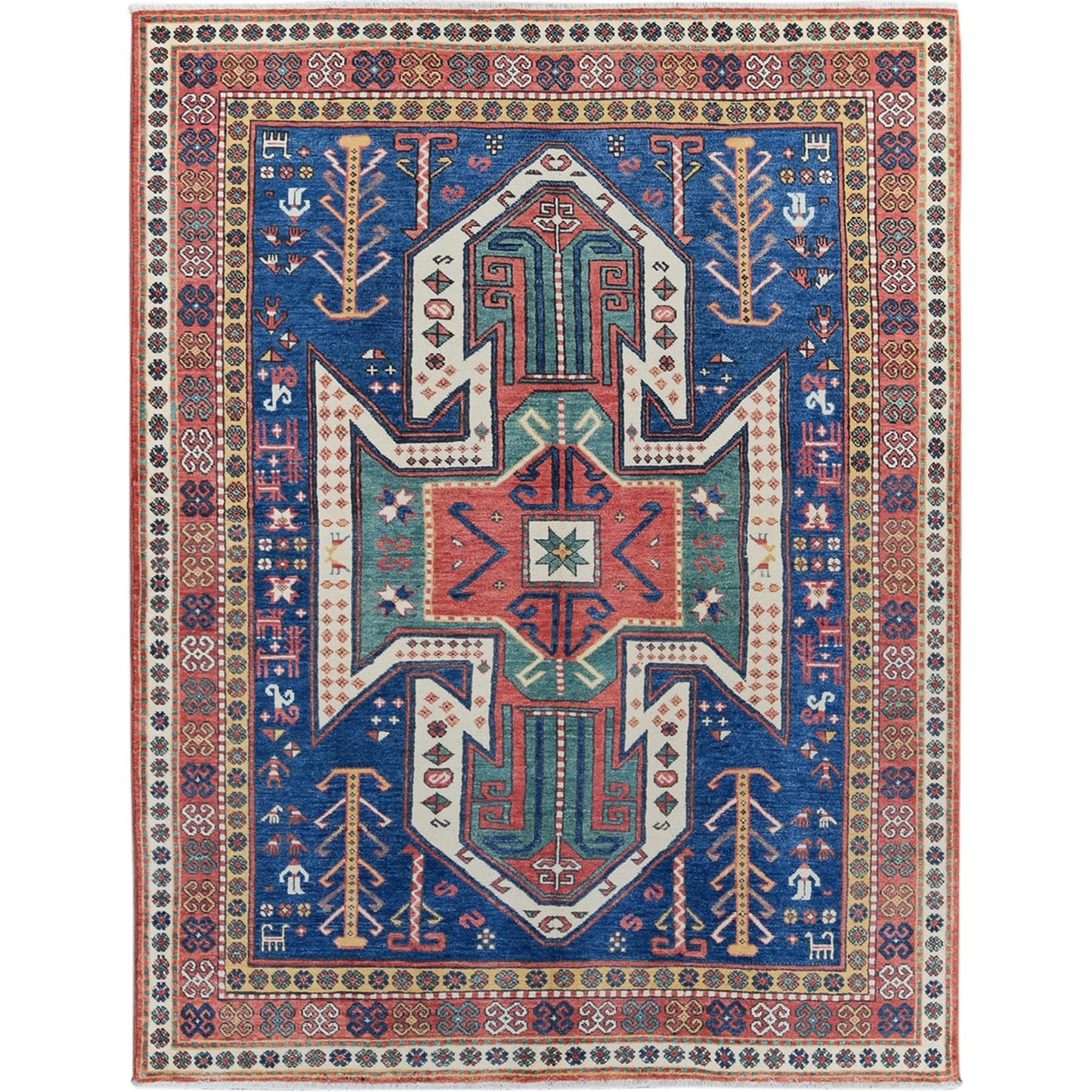 5'2"X7' Blue Swan Kazak With Animal Figurines Hand Knotted Soft Wool Rug