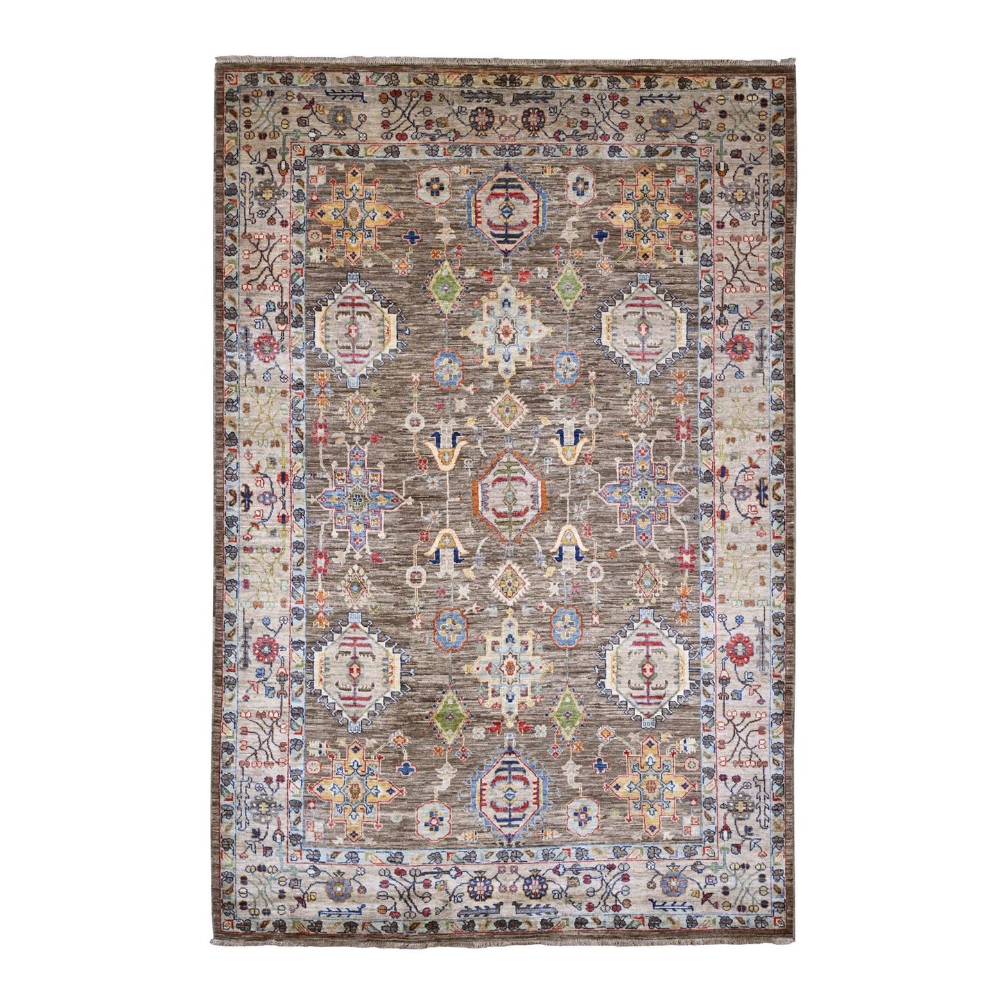 6'X9'1" Brown Afghan Peshawar Karjihooz Design Hand Knotted Pure Wool Rug