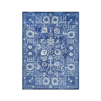 Rug 5'1"x6'10" Revel Blue Hand Knotted Tebraz Leaf Design Wool and Silk