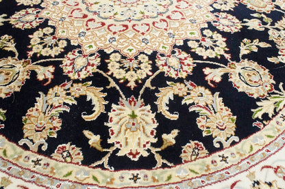 Handmade Indo-Nain Dark Navy Floral Medallion Oriental Round Rug Carpet 6X6 ft