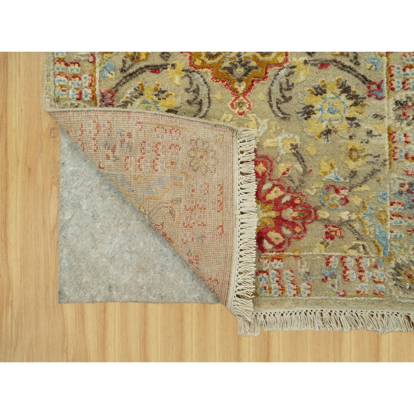 Rug 2'3"x3' Beige Wool and Silk Sunset Hand Knotted Runner Oriental