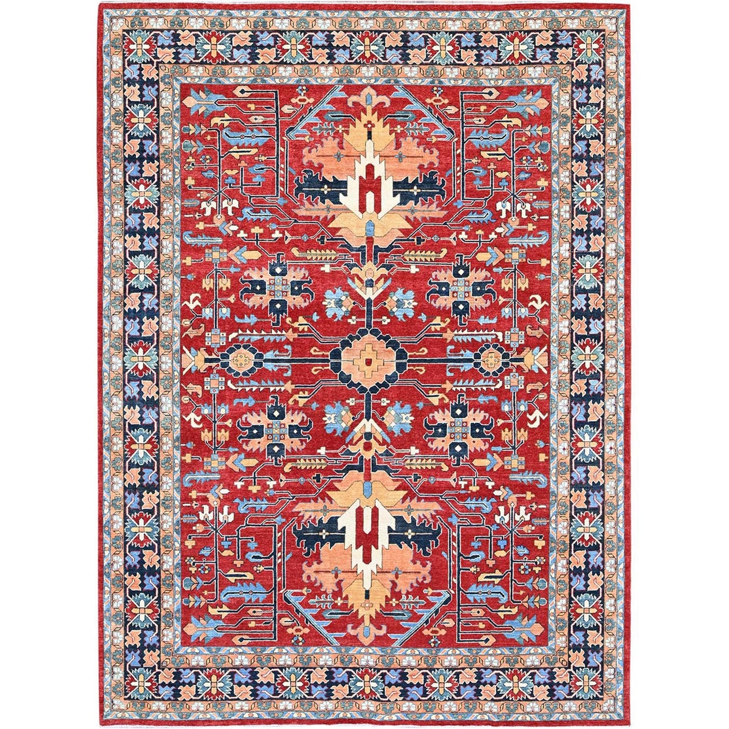 8'10"X12' Red Peshawar With Seeripe Heris Design Hand Knotted Soft Wool Rug