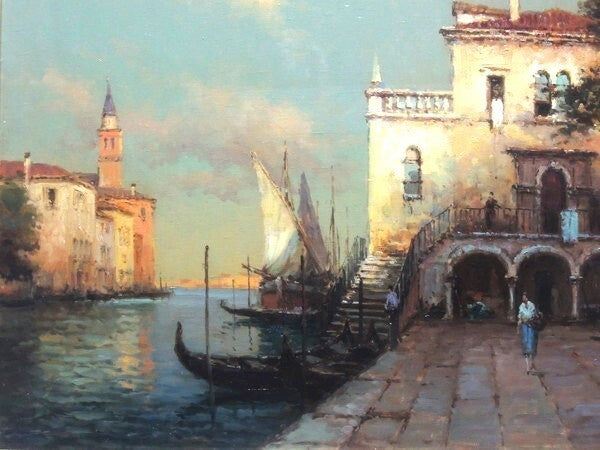 Antoine Bouvard Oil Painting Venice Canal Gondola Signed French Art