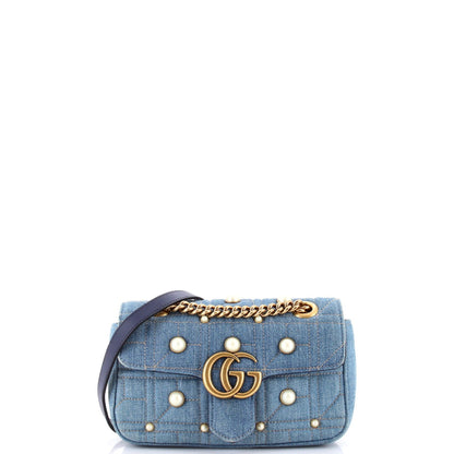 Gucci Pearly Gg Marmont Flap Bag Embellished Matelasse Denim Mini