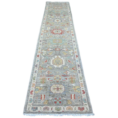2'7"X12'3" Gray Peshawar With Heris Design Wool Hand Knotted Runner Rug