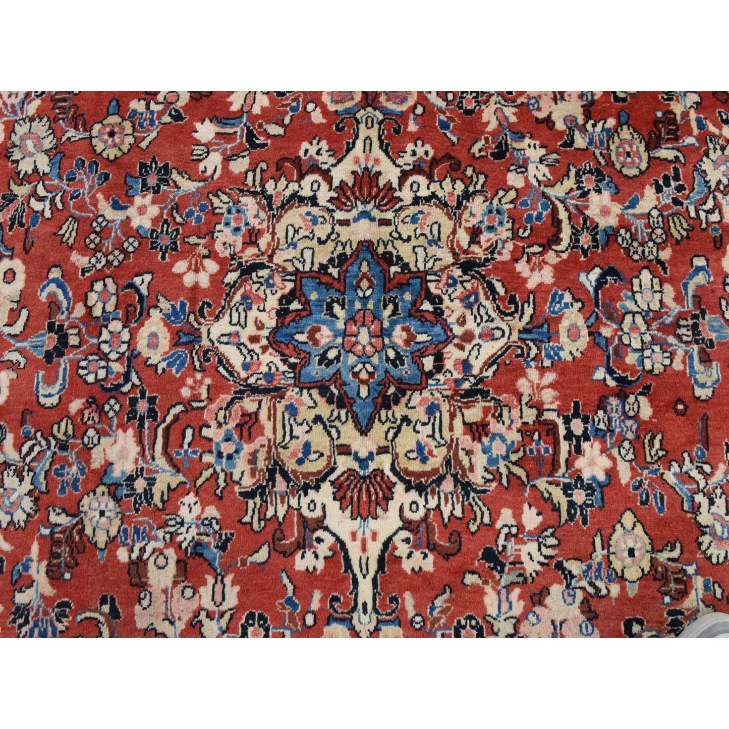 9'9"X13' Salsa Red Vintage Zoroastrian Mahal Soft Wool Hand Knotted Rug