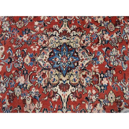 9'9"X13' Salsa Red Vintage Zoroastrian Mahal Soft Wool Hand Knotted Rug